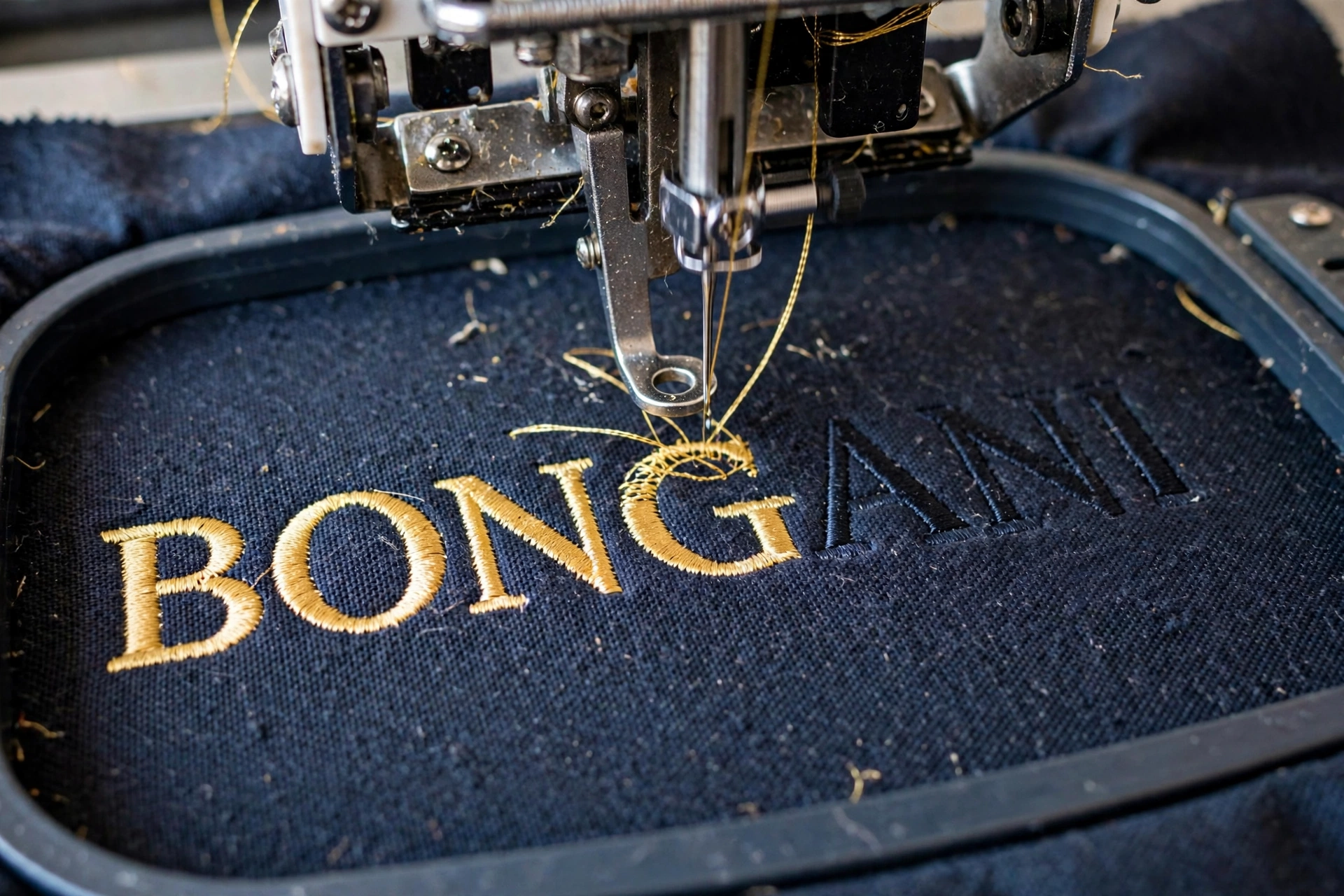 Close-up of an embroidery machine stitching gold lettering onto fabric